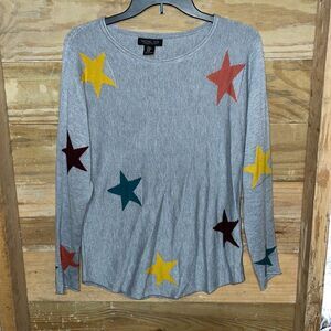 Rachel Zoe Gray Sweater with multicolored stars. Size medium. 5% cashmere.